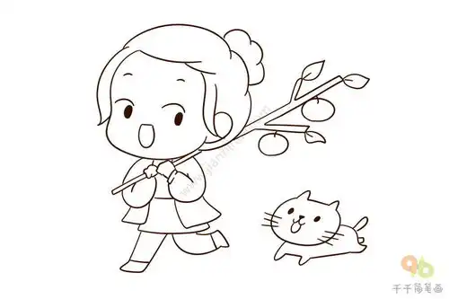 小女孩爱吃秋天的桔子简笔画