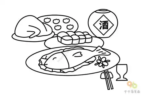 春节简笔画家人团圆吃年夜饭