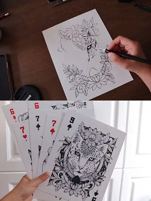 手绘一套扑克牌黑桃九原创线描插画
