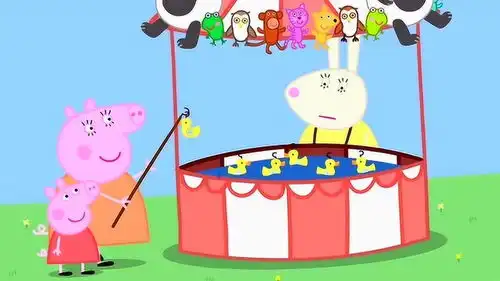 手绘简笔画小猪佩奇和猪妈妈在游园会上玩钓小黄鸭的游戏