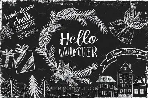 手绘冬季圣诞主题粉笔画装饰素材hellowinterhanddrawnchalkkit977883设计元素美工云meigongyun.com美工云
