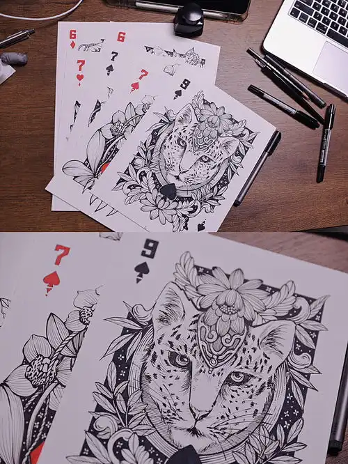 手绘一套扑克牌黑桃九原创线描插画